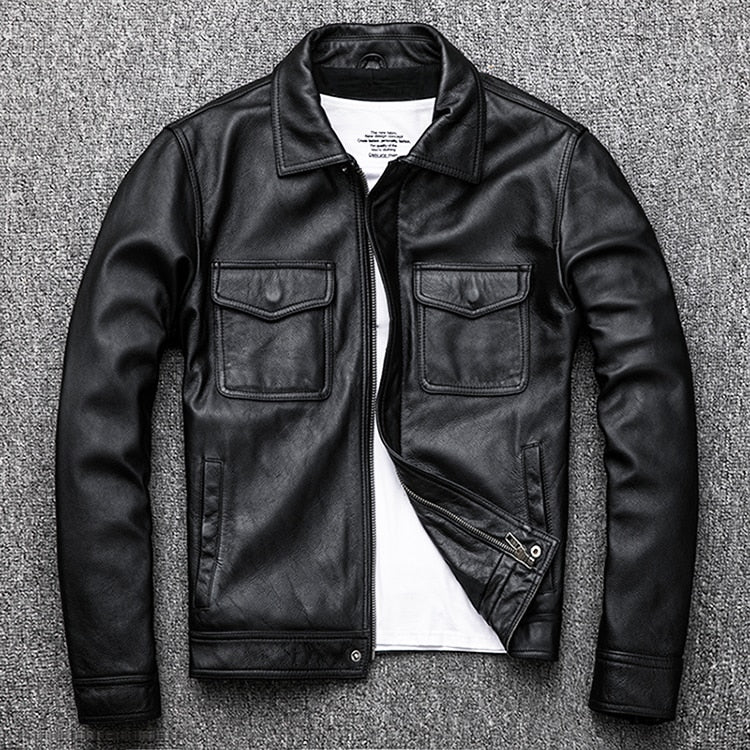 Men's Authentic Genuine Leather Pea Coat Jacket